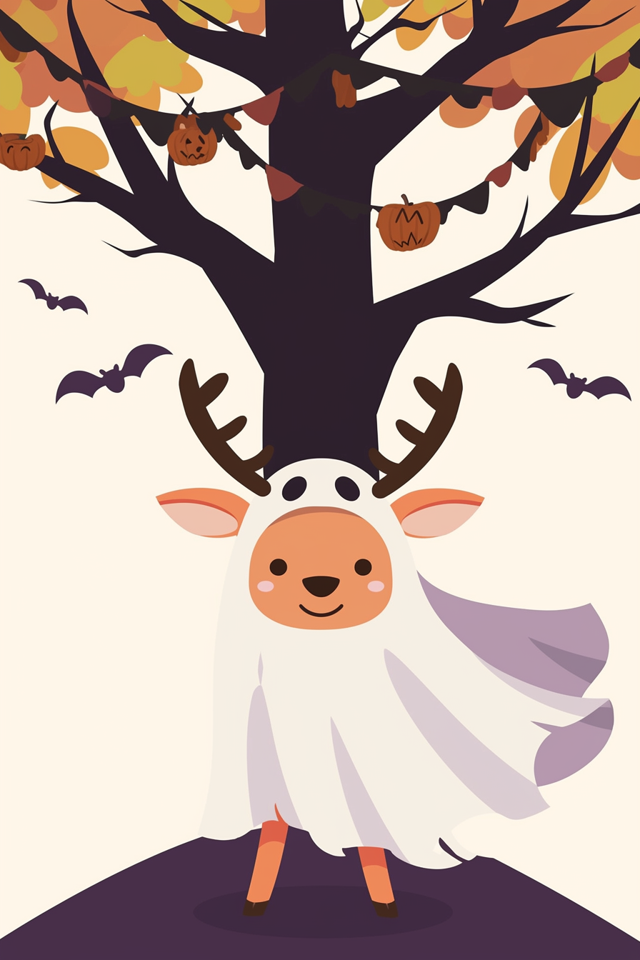 halloween cute animals drawings 2, featuring a charming ghostly deer wrapped in a white cloak against a backdrop of a dark tree adorned with pumpkin lanterns.